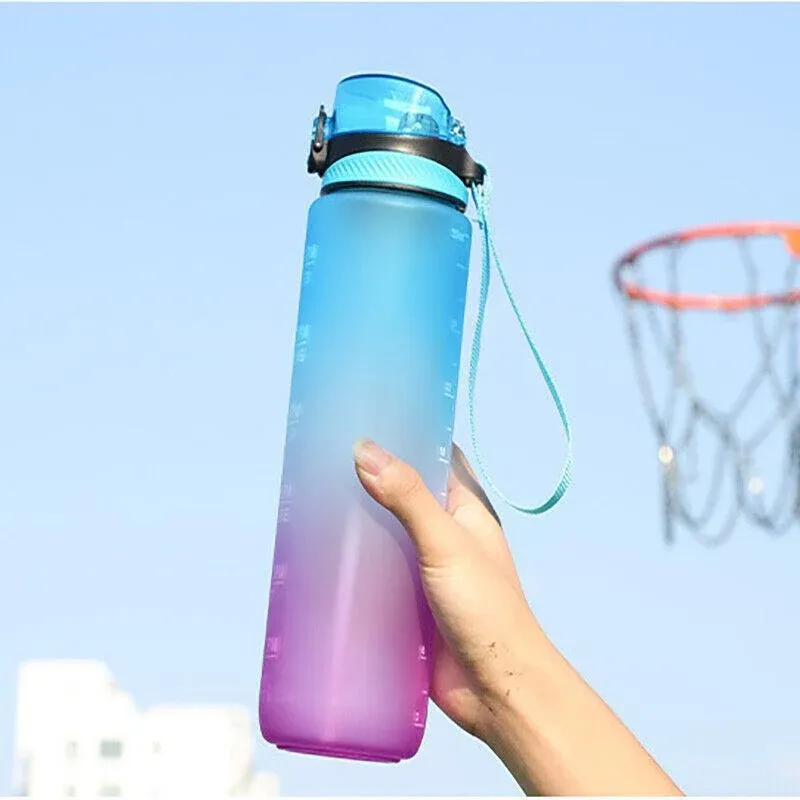 1L Water Bottle Motivational Drink Flask With Time Markings Bpa Free Sport Gym - Green+Purple β image 5