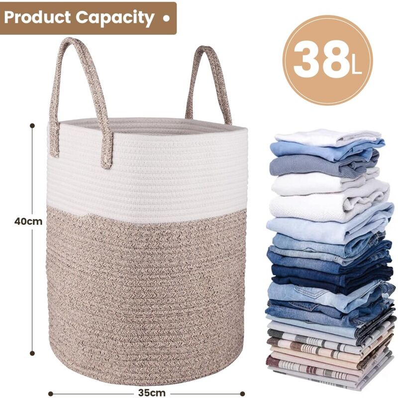 Laundry Basket - 40 × 35 Cm Foldable Storage Baskets - Cotton ROpe Laundry Basket With Handles - Toy Storage Basket — image 2