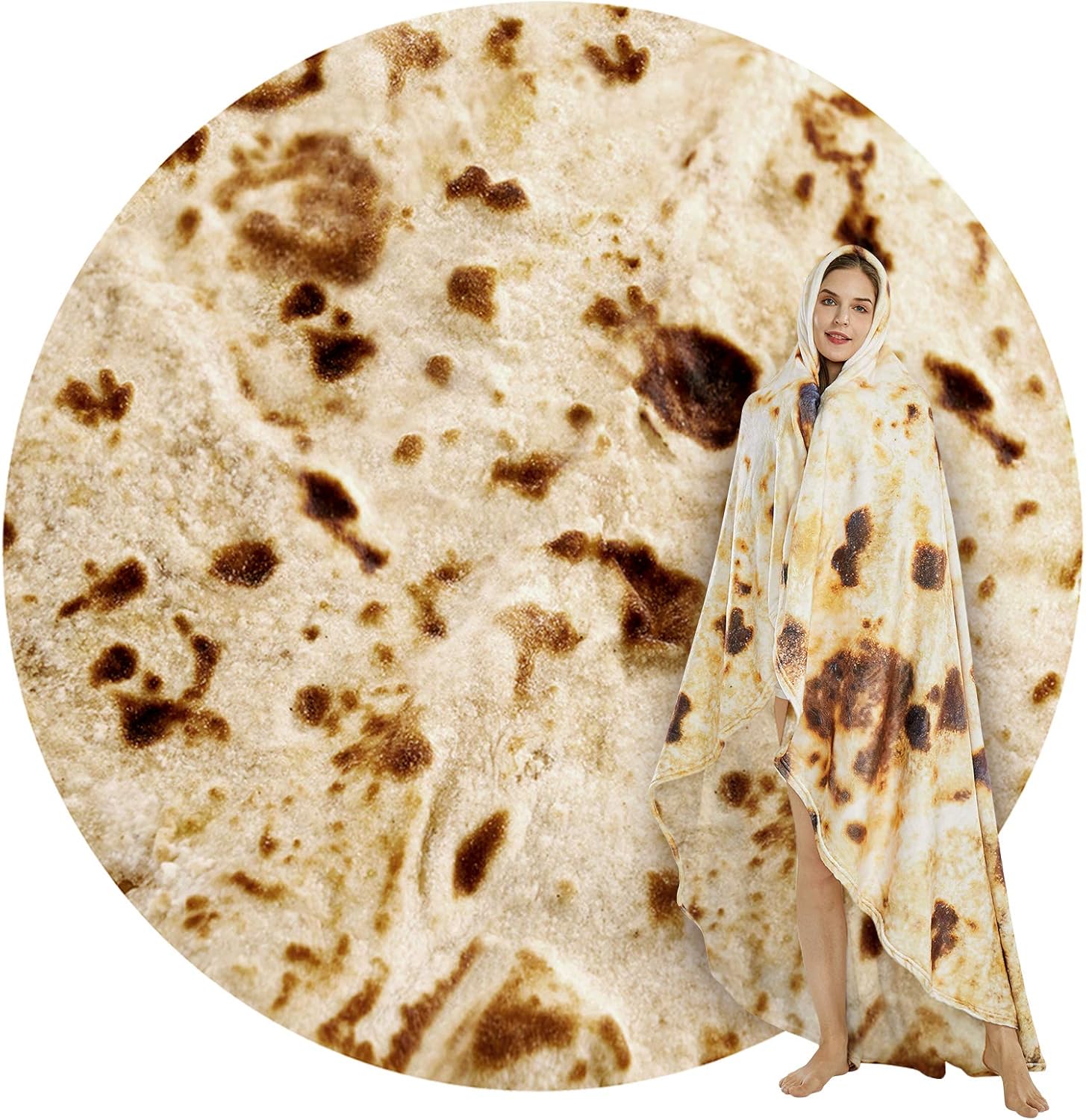 Burritos Tortilla Throw Blanket (Brown), Novelty Funny Round Blanket for Kids & Adults, Soft Flannel Tortilla Wrap Blanket(71", Adults)