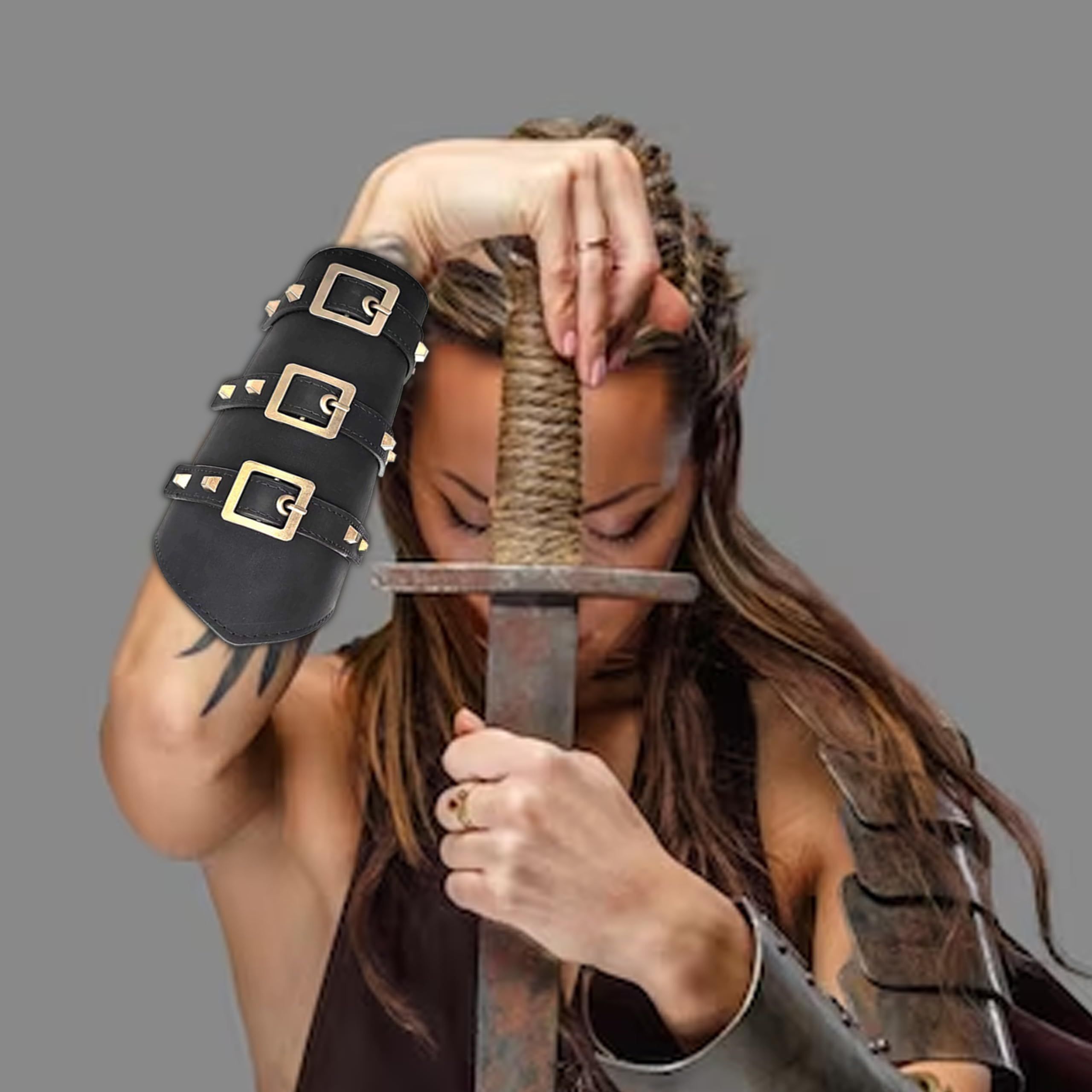 2Pcs PU Leather Belt Buckle Arm Bracers, Knight Retro Renaissance Arm Guards,Wristband Medieval Bracers — image 5