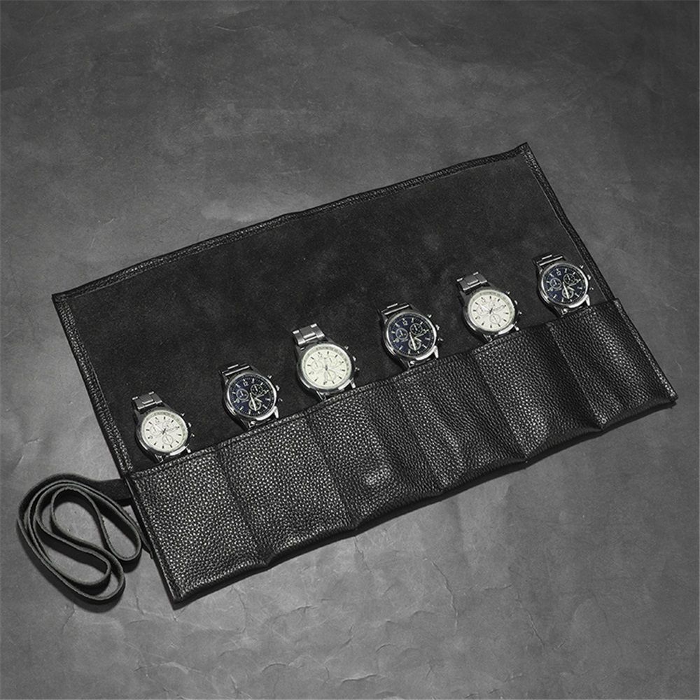 Leather Travel Watch Roll-Watch Case Display Organizer and Storage for 6 watches, Gift Accessory for watch lovers (Black,Excluding watches) — image 3