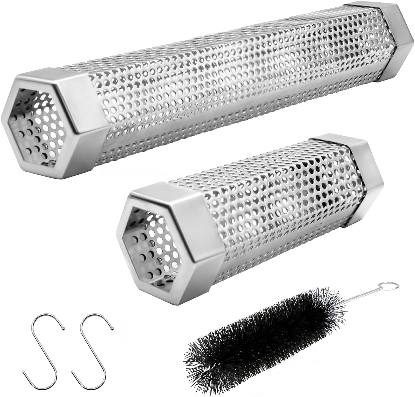 Pellet Smoker Tube Set, 6" & 12" Stainless Steel BBQ Wood Smoker Tube with Brush and 2 Hooks for 2.5hrs/5hrs of Billowing Cold/Hot Smoking for All Grills or