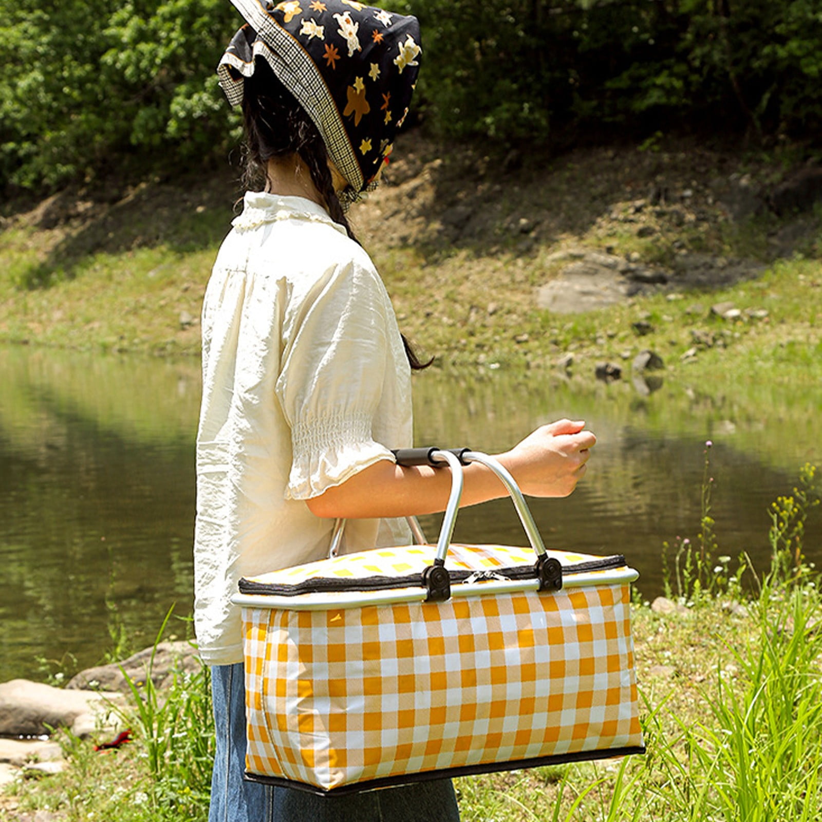 Picnic Basket, Collapsible Shopping Basket with Lid Large Market Basket with Handles Reusable Folding Grocery Basket Insulated Cooler Bag for Picnic Travel — image 4
