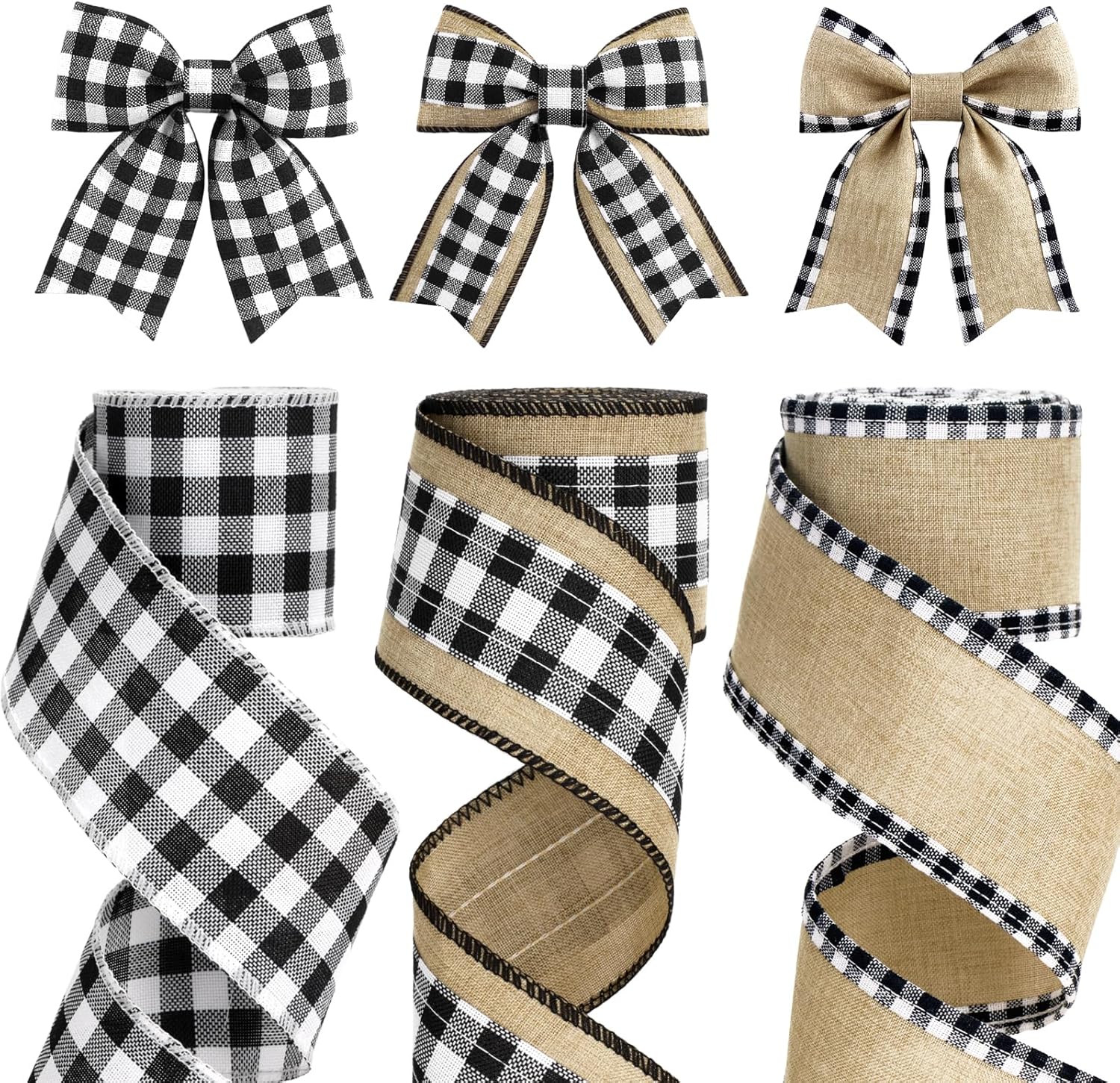 Buffalo Plaid Ribbon Wired β 3 Rolls 2.5'' x 18 Yards, Burlap Black and White Plaid Ribbons for Crafts, Christmas Gift Wrapping, Wreaths and Decoration