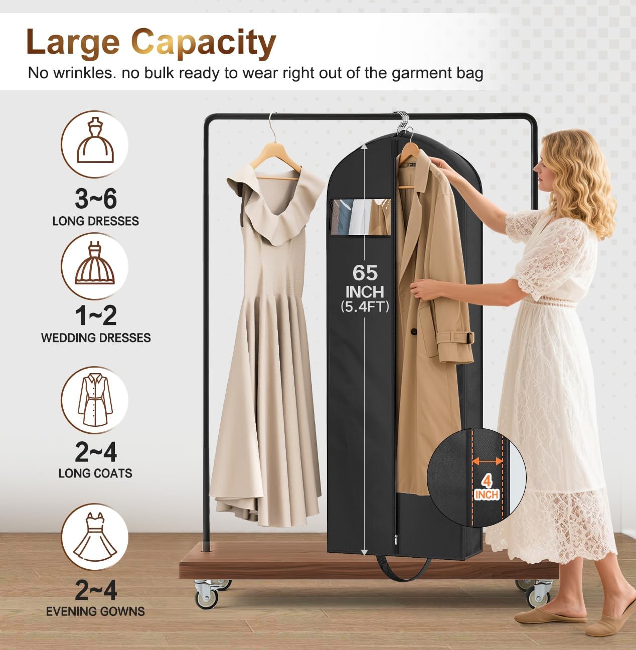 65" Long Garment Bags for Travel for Women 4" Gusseted Dress Bags for Gowns Waterproof Dress Protector Bag for Closet Storage Clothing Covers for Hanging — image 3
