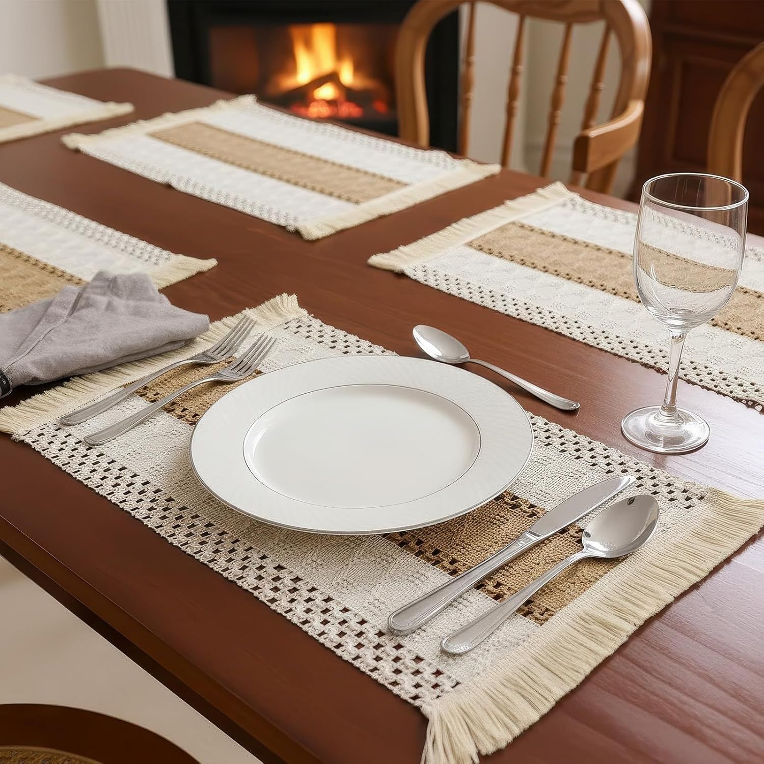 A set of 4-piece washable cotton farmhouse table mat, woven dining table decoration for home decor,Heat-Resistant Rustic Natural Rectangular Mats,30*40 — image 4