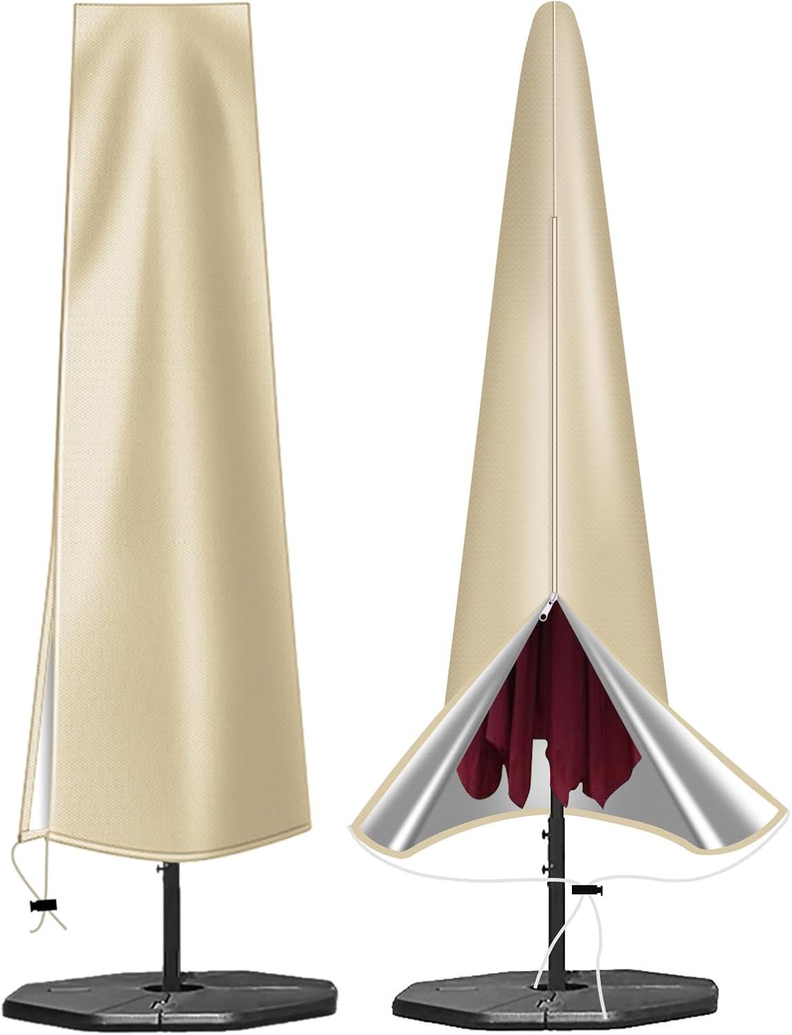 Waterproof 600D Parasol Cover with Zipper, Drawstring and Storage Pouch for Cantilever and Standing Parasols, Khaki, 190 × 50 × 30 cm