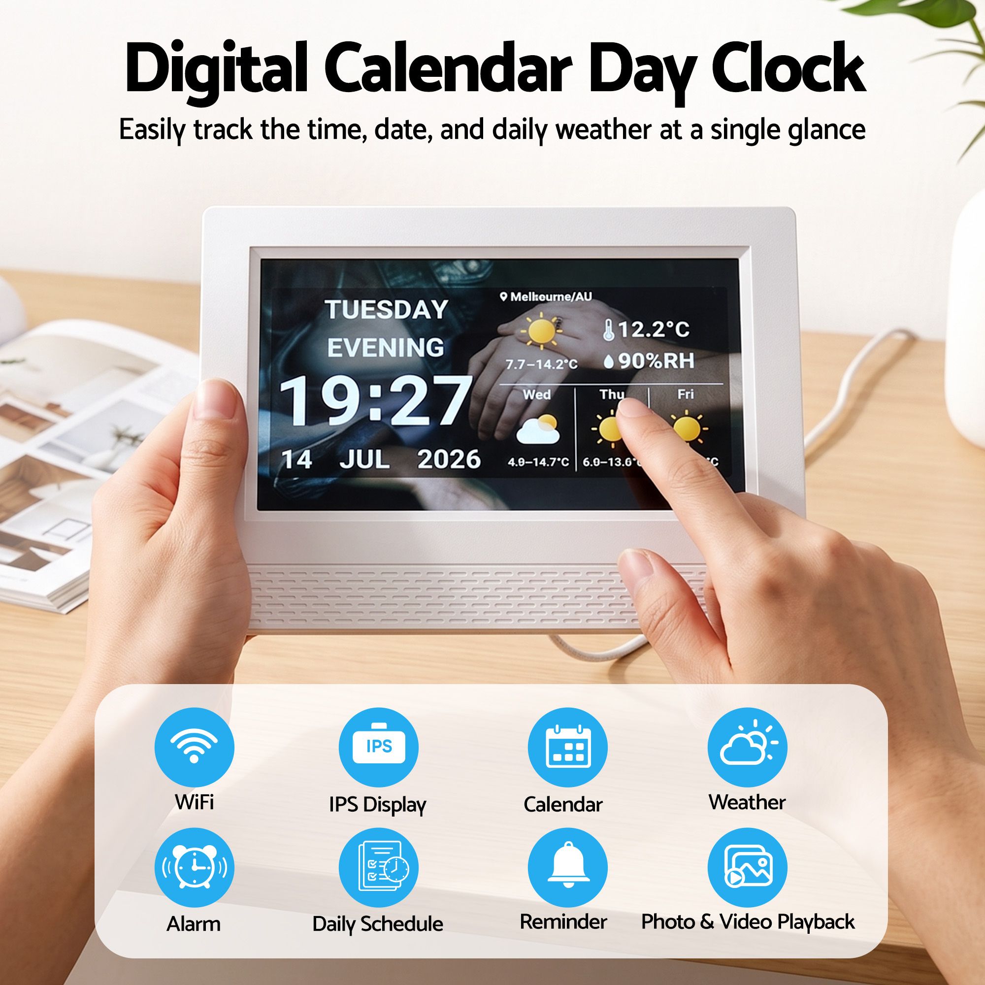 Artiss 7" Smart Digital Clock Calendar HD IPS Touchscreen Weather Photo Frame — image 2