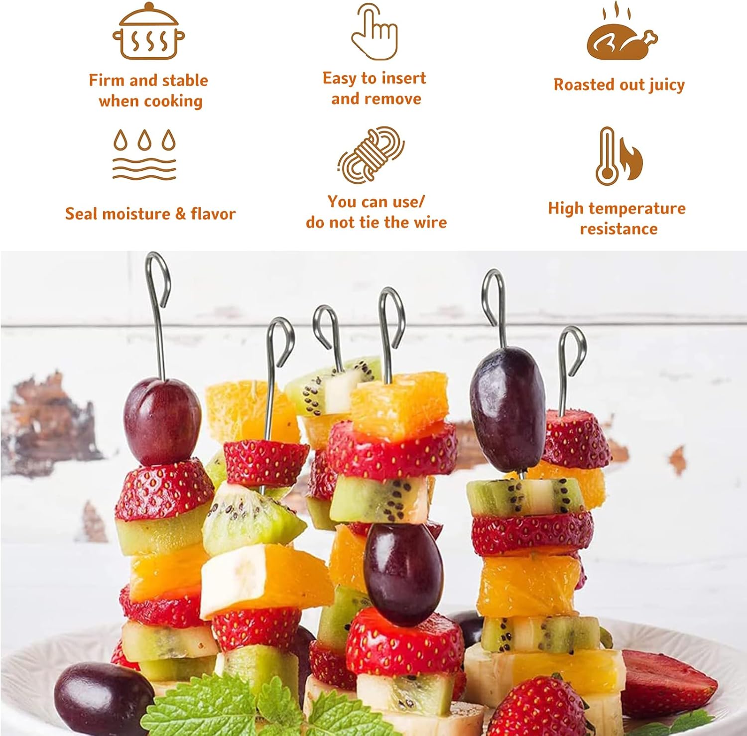 30 Pcs Kebab Skewers, 7.9 Inch Stainless Steel Barbeque Skewers with Ring-Tip Handle, Reusable BBQ Grilling Kabob Skewer for Chicken, Fruit, Vegetable, Meat — image 4