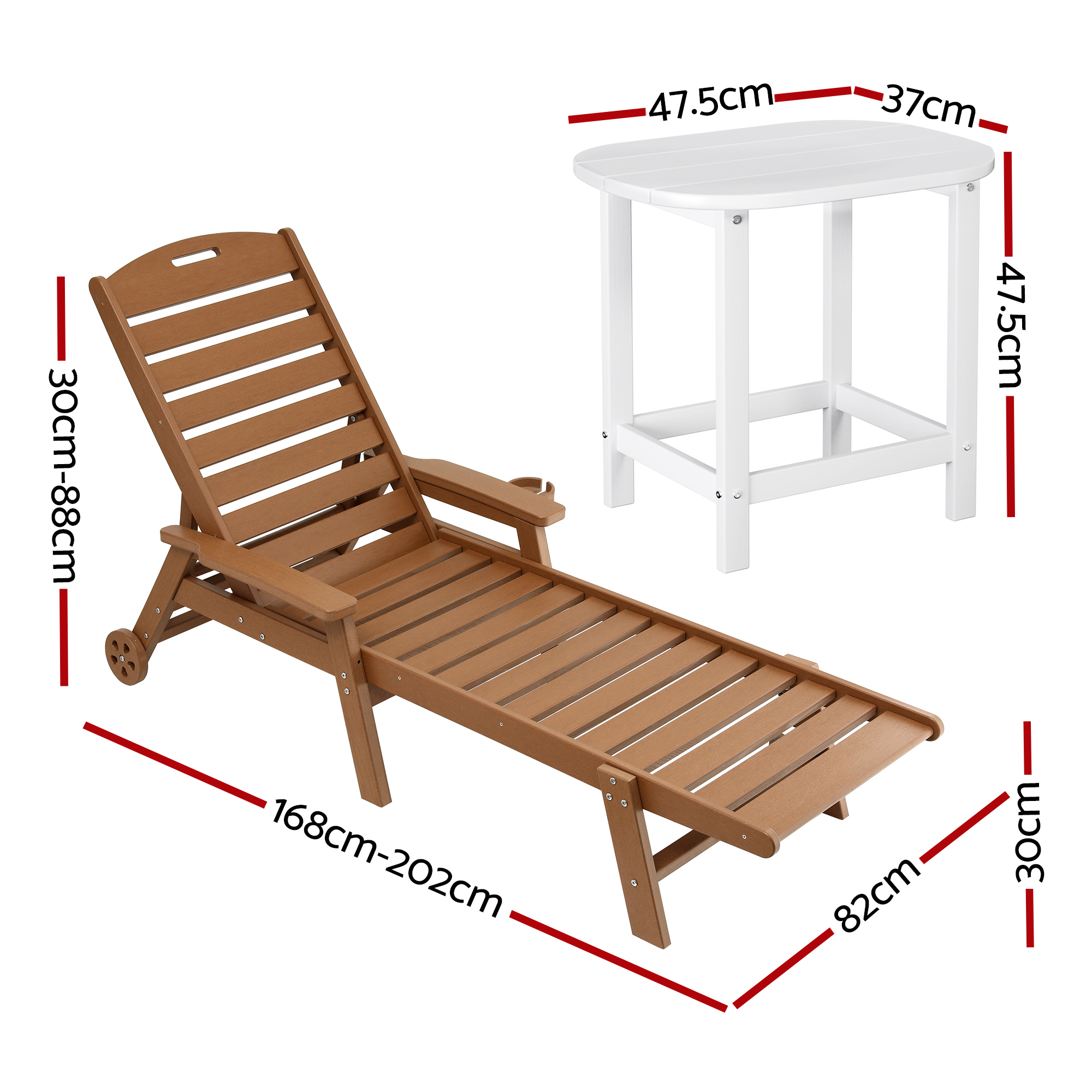Gardeon Sun Lounge Lounger Table and Chairs Beach Chair HDPE Patio Outdoor Furniture Wheels Brown — image 2