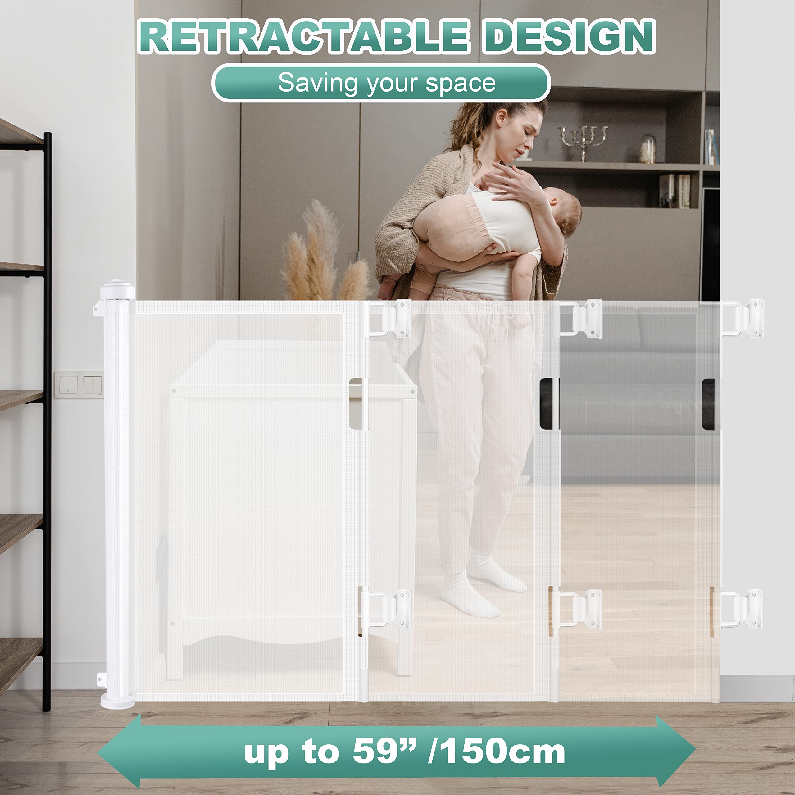 Retractable 1.5M Doorways Hallways Stairs Baby Gate Dog Pet Gate Indoor Outdoor Safety Gates White โ image 3