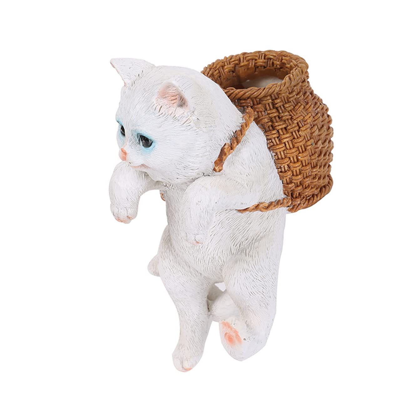 Planter Pot Hanger, Cute White Cat Outdoor Statues with Basket for Flower Pot Decor, Fish Tank Decor, Desk Decor, Table Decor