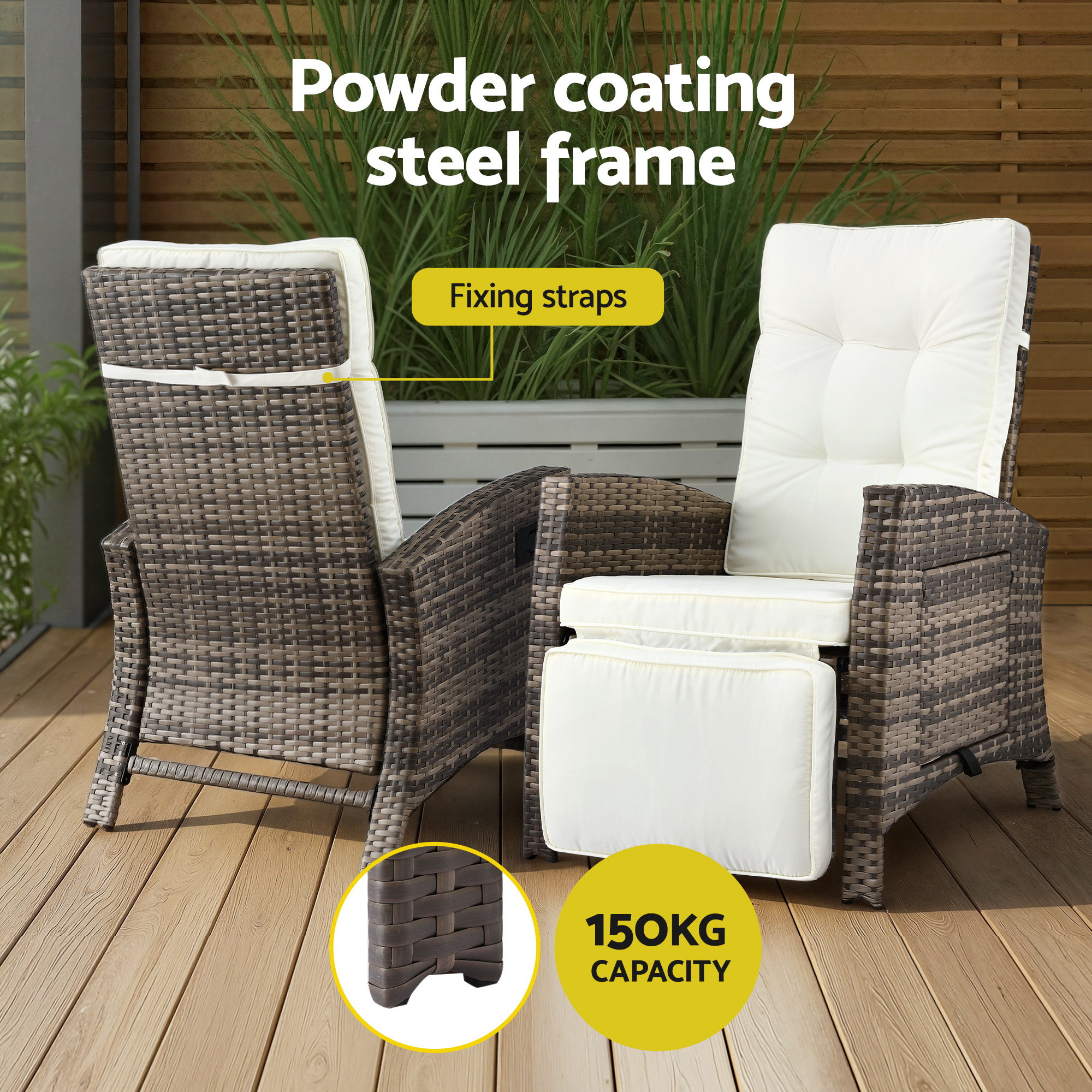 Gardeon 3PC Outdoor Bistro Set Recliner Chairs Table Sun lounge Patio Furniture Wicker Adjustable — image 6