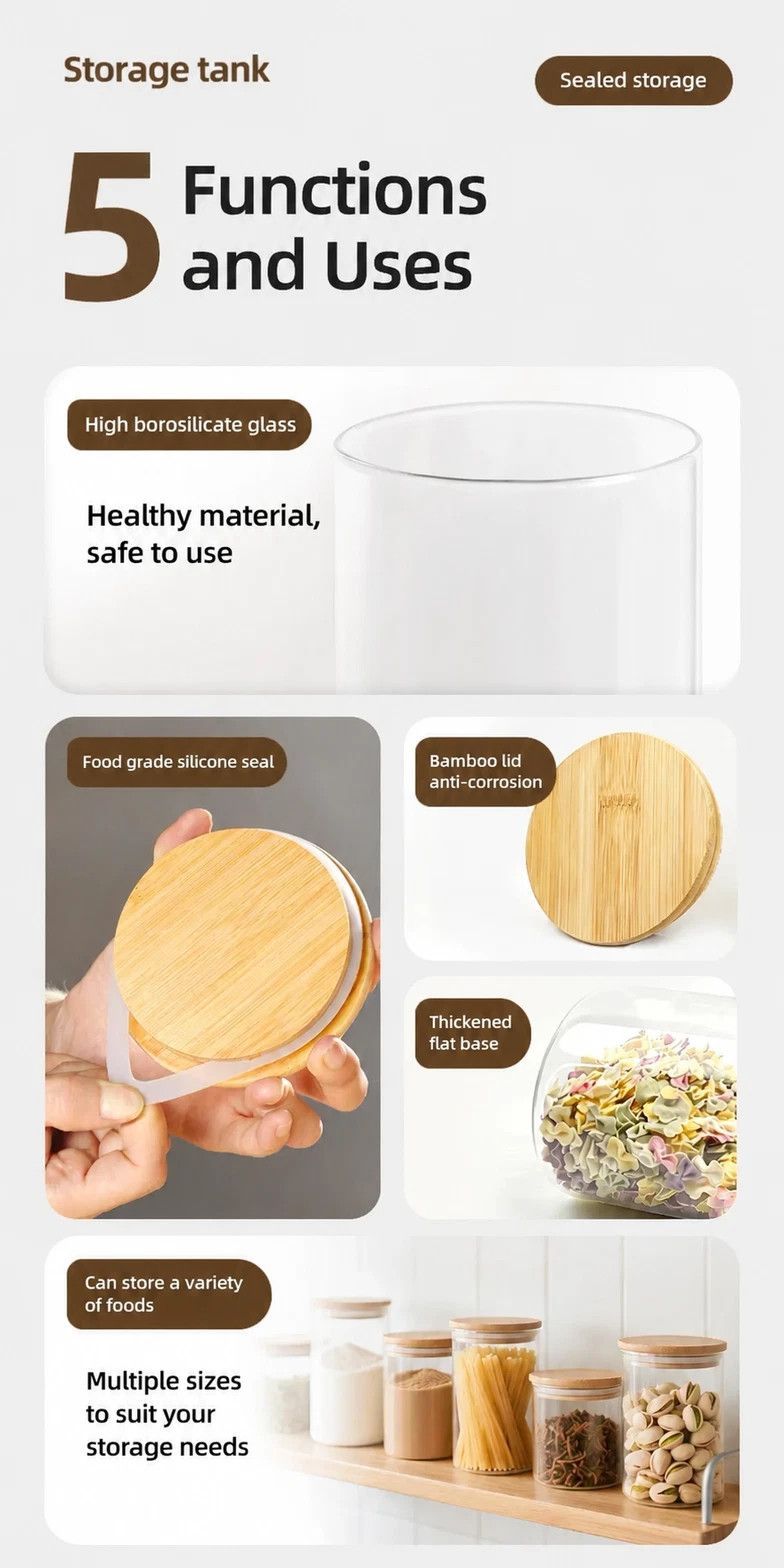 Clear Moisture Proof Glass Storage Jar, Food Safe Canister With Bamboo Cover, 10cm*18cm, 1250ml — image 3
