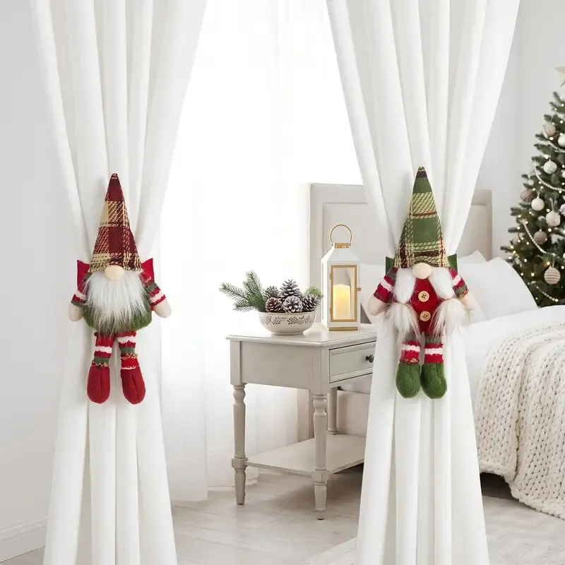 2-Pack Christmas Faceless Old Man Curtain Tiebacks | Polyester Red & Green Plaid Pointed Hat, 25cm Soft Fabric Tie Design, Dual Function as Curtain Holder &