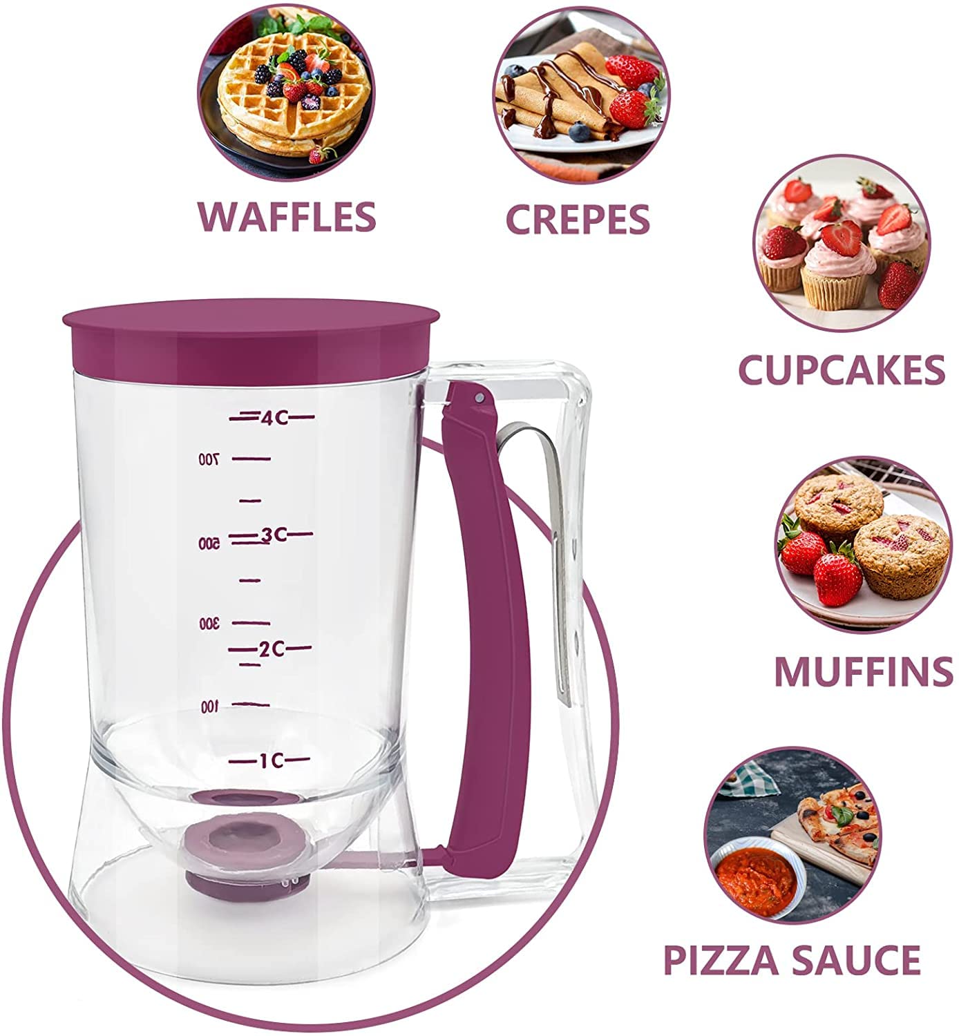 Batter Dispenser with Measuring Marks – 900ml Cake Mix Pourer for Cupcakes, Pancakes, Muffins, Waffles & More (Purple) — image 3