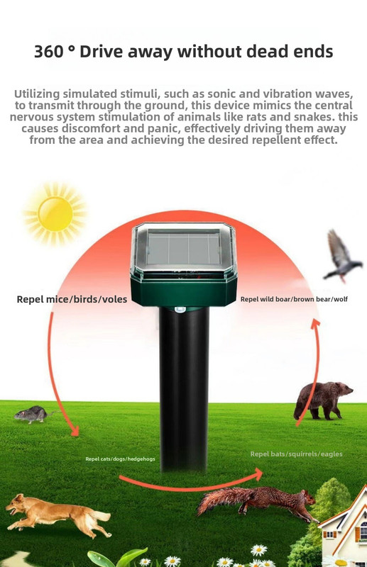 Solar-Powered Sonic Snake and Rodent Repeller Ground Stake - Outdoor Waterproof Ground Vibration Pest Deterrent Device - Ultrasonic Control for Moles, Voles — image 4