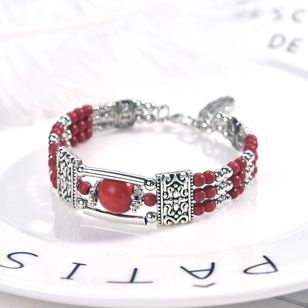 2PCS Ethnic-style Vintage Open Bracelet, Turquoise Beads with Silver Carved Accents, Bohemian Exotic Charm, a Personalized Accessory for Daily and Travel โ image 3