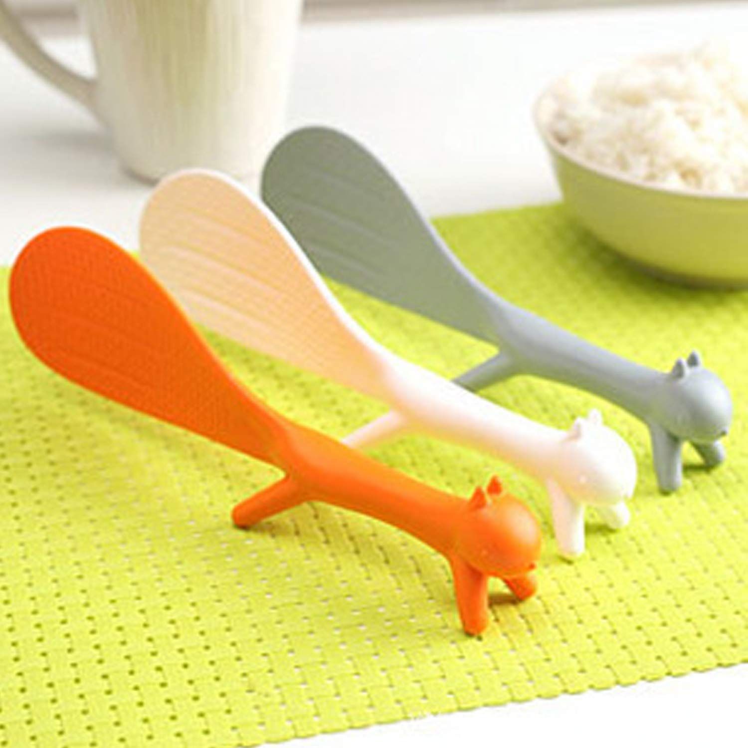 Rice Cooker Bowl Spoon Spatula Creative Home Kitchen Tool Cute Shaped Squirrel Stand Spoon 3 Non-Stick Rice Spoons — image 3