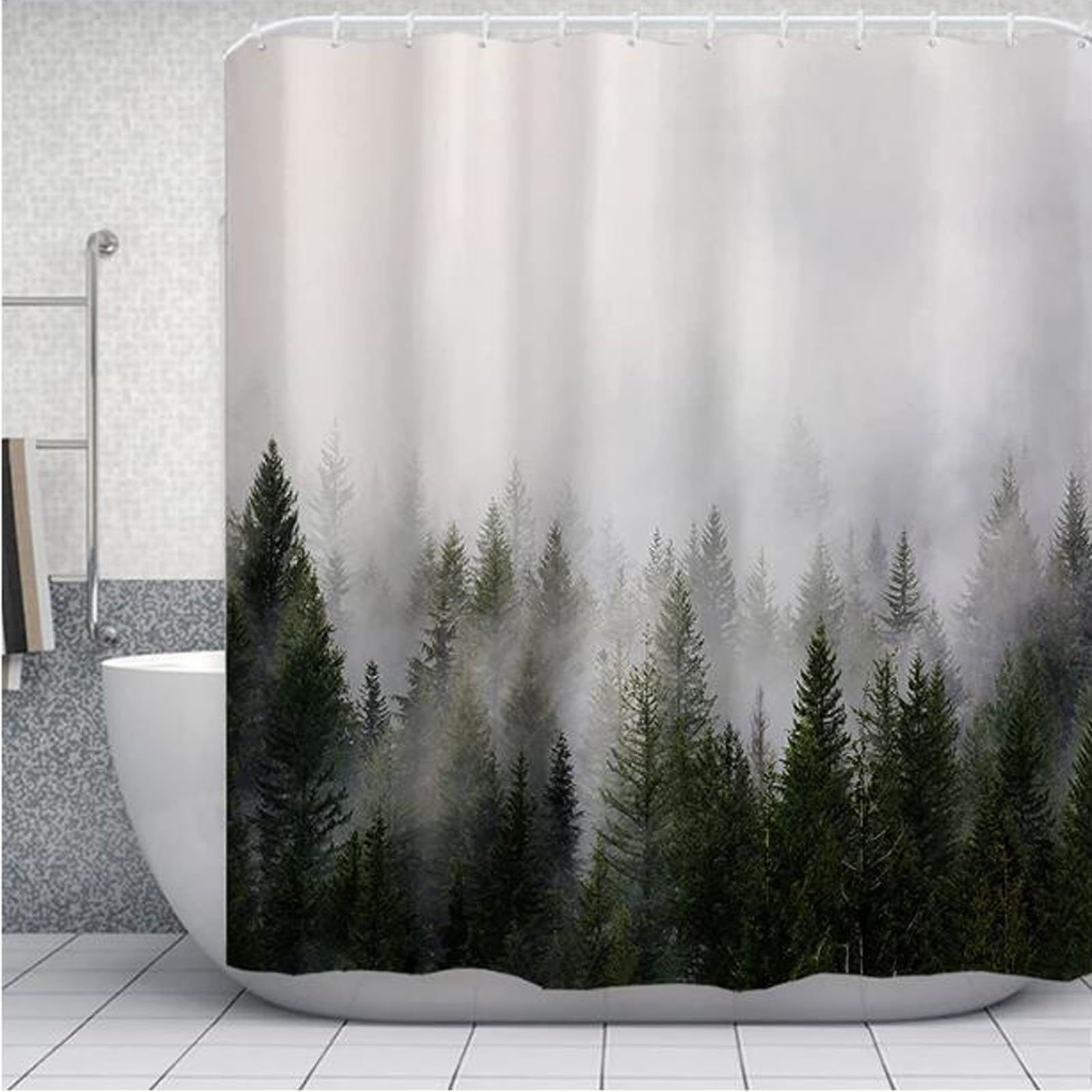 Shower curtain popular, dense fog forest, distant mountains, digital printing, multi specification decorative curtain — image 3