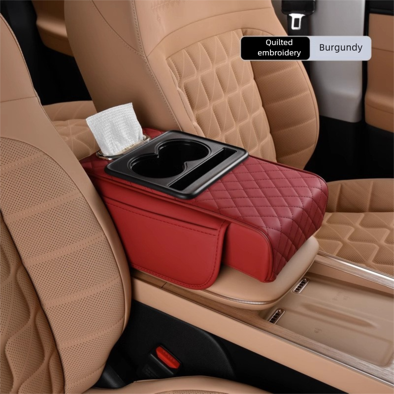 Wine red Car Central Armrest Box Raiser Pad with Cup Holder, Tissue Box & Phone Storage โ 4-in-1 Multi-Functional Design