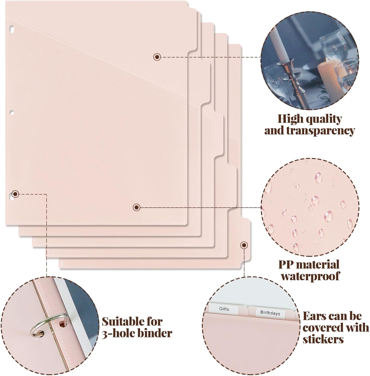 A4 Binder Pockets Dividers with Pockets Plastic 6-Ring Binder Divider Bags, Sturdy 3 Holes 5-Tab Dividers Inserts for Journal, Loose Leaf Planner Office โ image 2