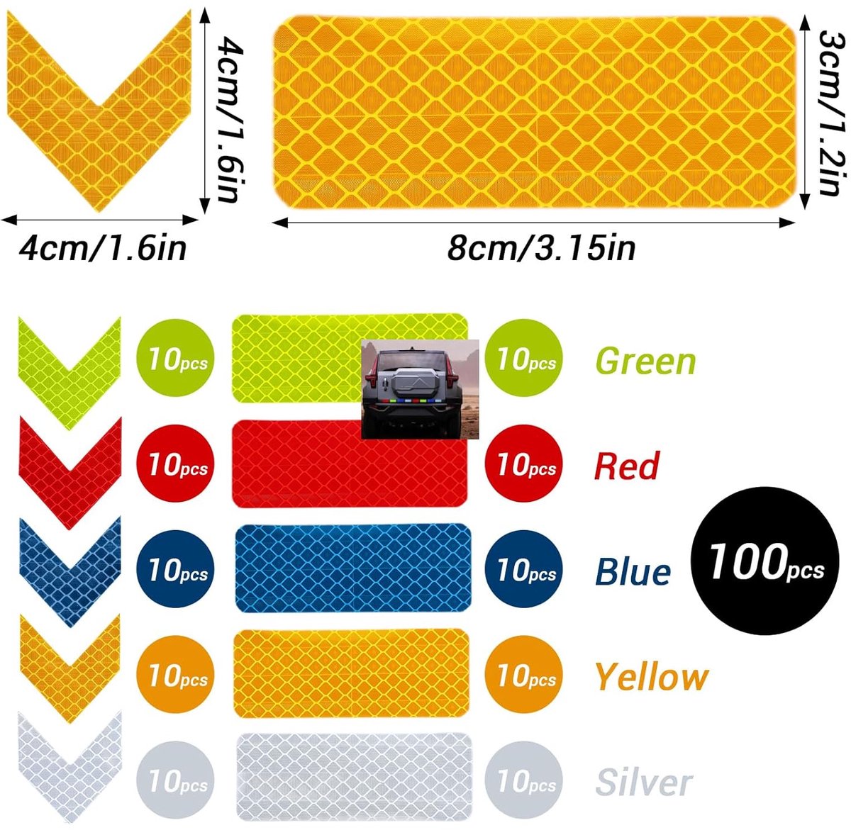 100 pieces - reflective stickers - reflective tape - reflective safety warning strips - reflective strips - waterproof - for bicycles, helmets, cars — image 5