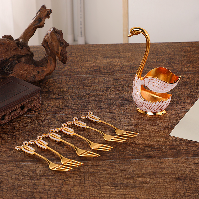 Elegant Swan Base Spoon Holder Set with 6 Coffee/Dessert Spoons(Gold Fork) — image 2