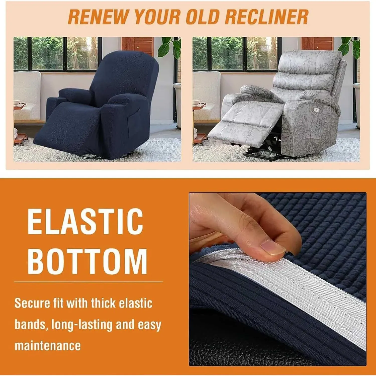 Recliner Slipcover High Stretch Soft Jacquard Fabric with Side Pocket for Standard Power Lift Recliner Chair Navy Blue, Letter F Option โ image 3