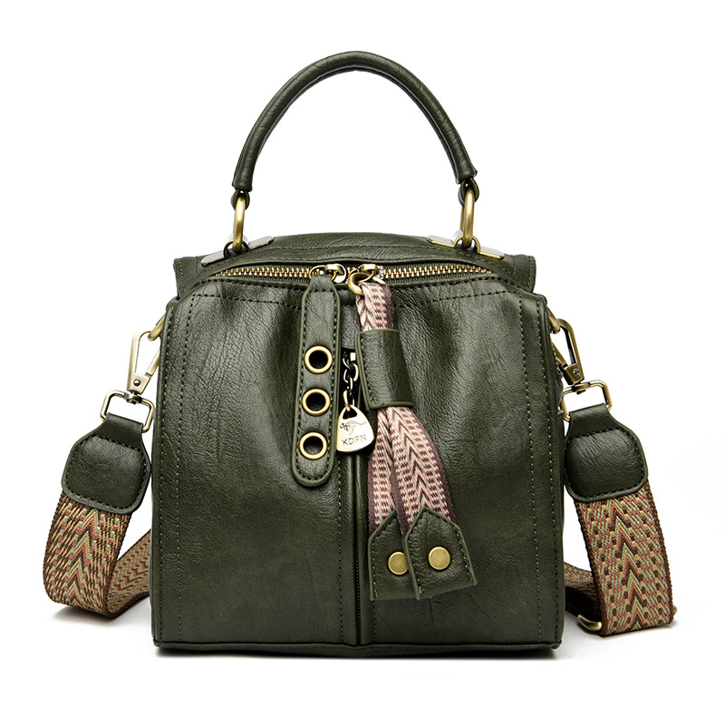 Green Vintage Look PU Leather Box Bag | Stylish Top Handle Crossbody Tote | Multi-Carry Bucket Bag with Wide Strap