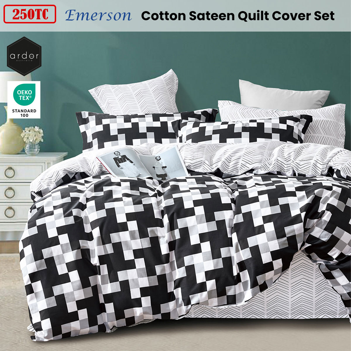 Ardor 250TC Emerson Geometric Cotton Sateen Quilt Cover Set King — image 2