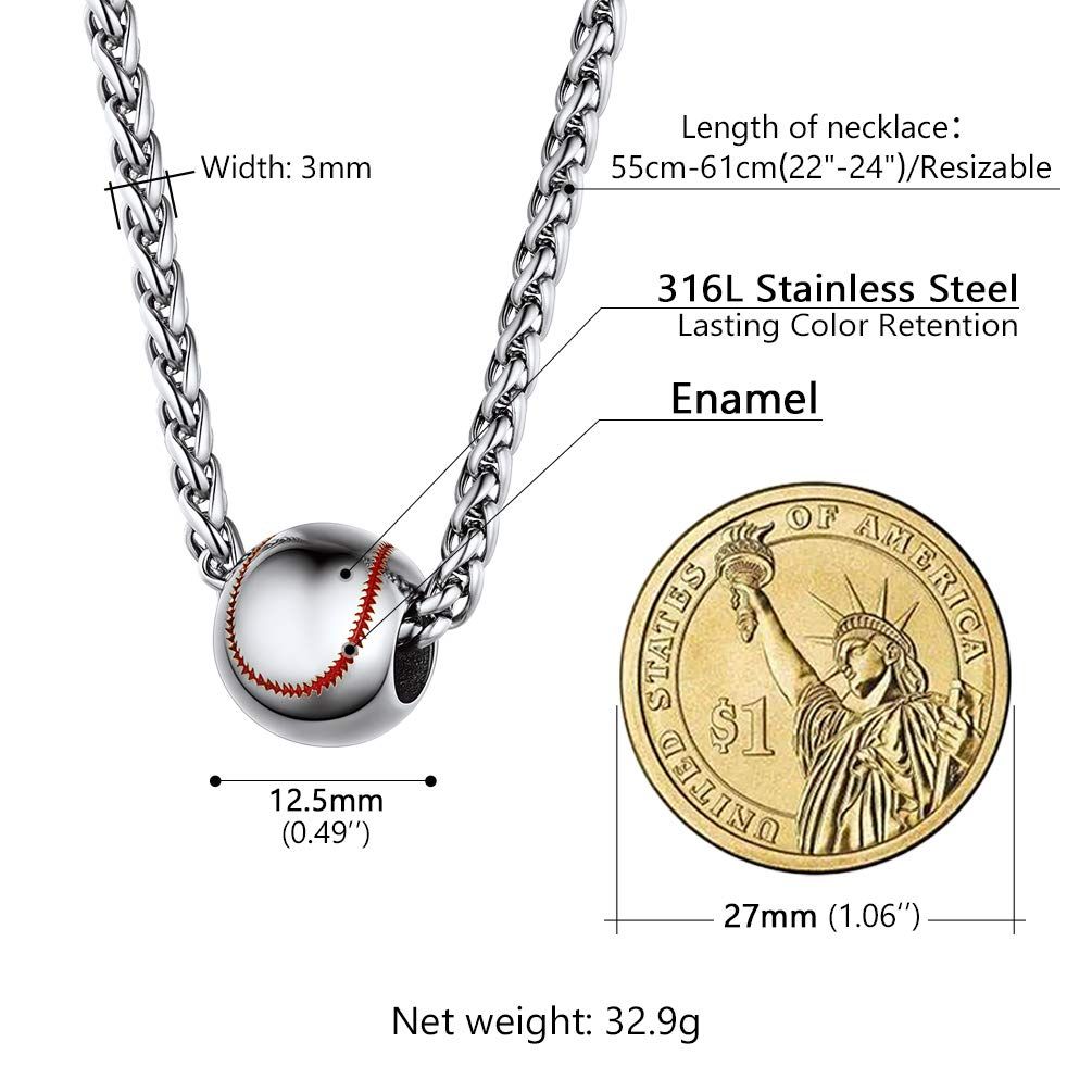 Baseball Necklaces For Men Teen Boys, Stainless Steel Softball Pendant Chain, Mens Sports Jewelry, 22"-24" Adjustable — image 3
