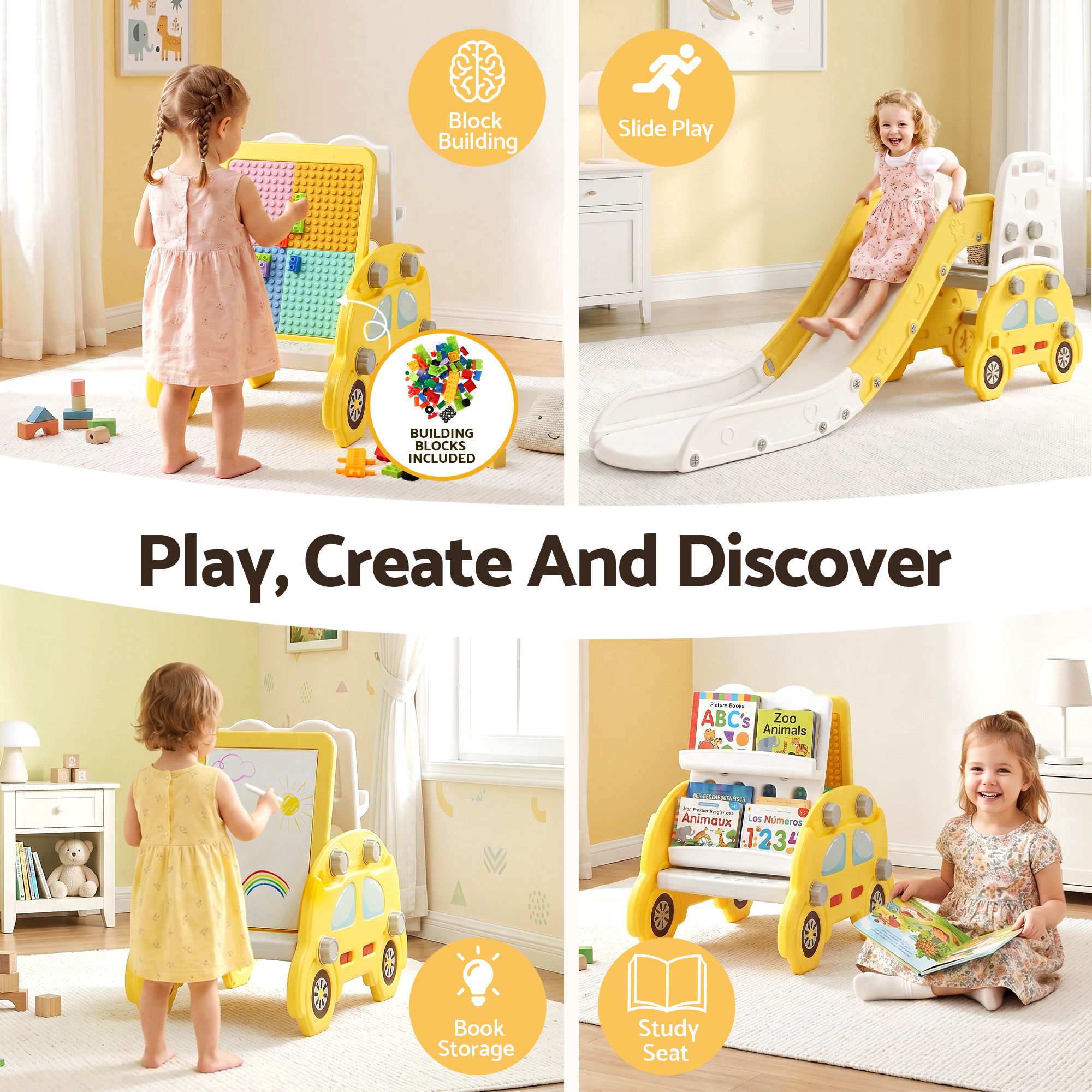 Keezi Kids Slide Set Toddler Indoor Playset Bookshelf Drawing Board Yellow โ image 6