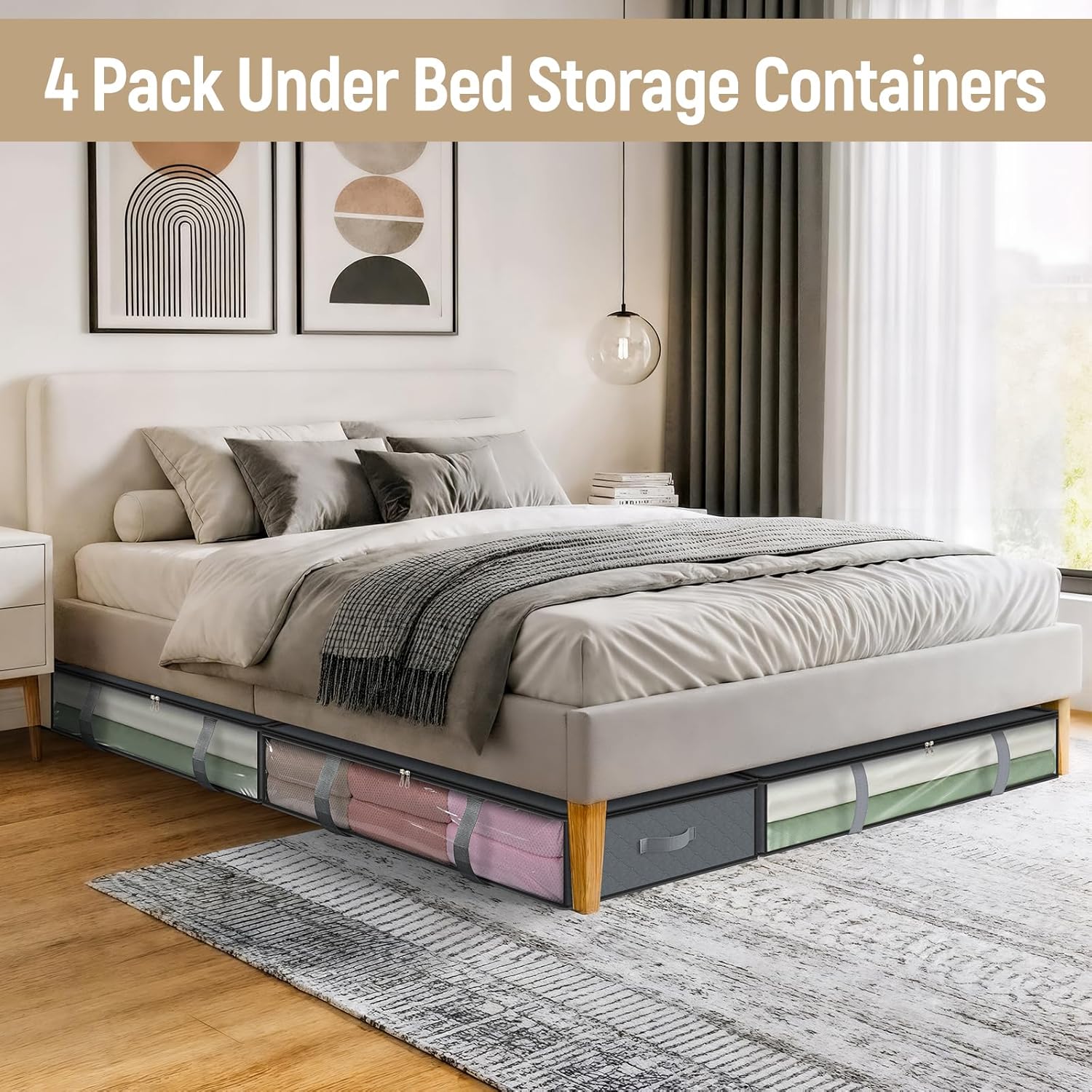 4 Pack 90L Under Bed Storage Containers - Underbed for Clothes, Blankets Closet Organizers and Bags the Bins with Handles & Clear Front — image 2