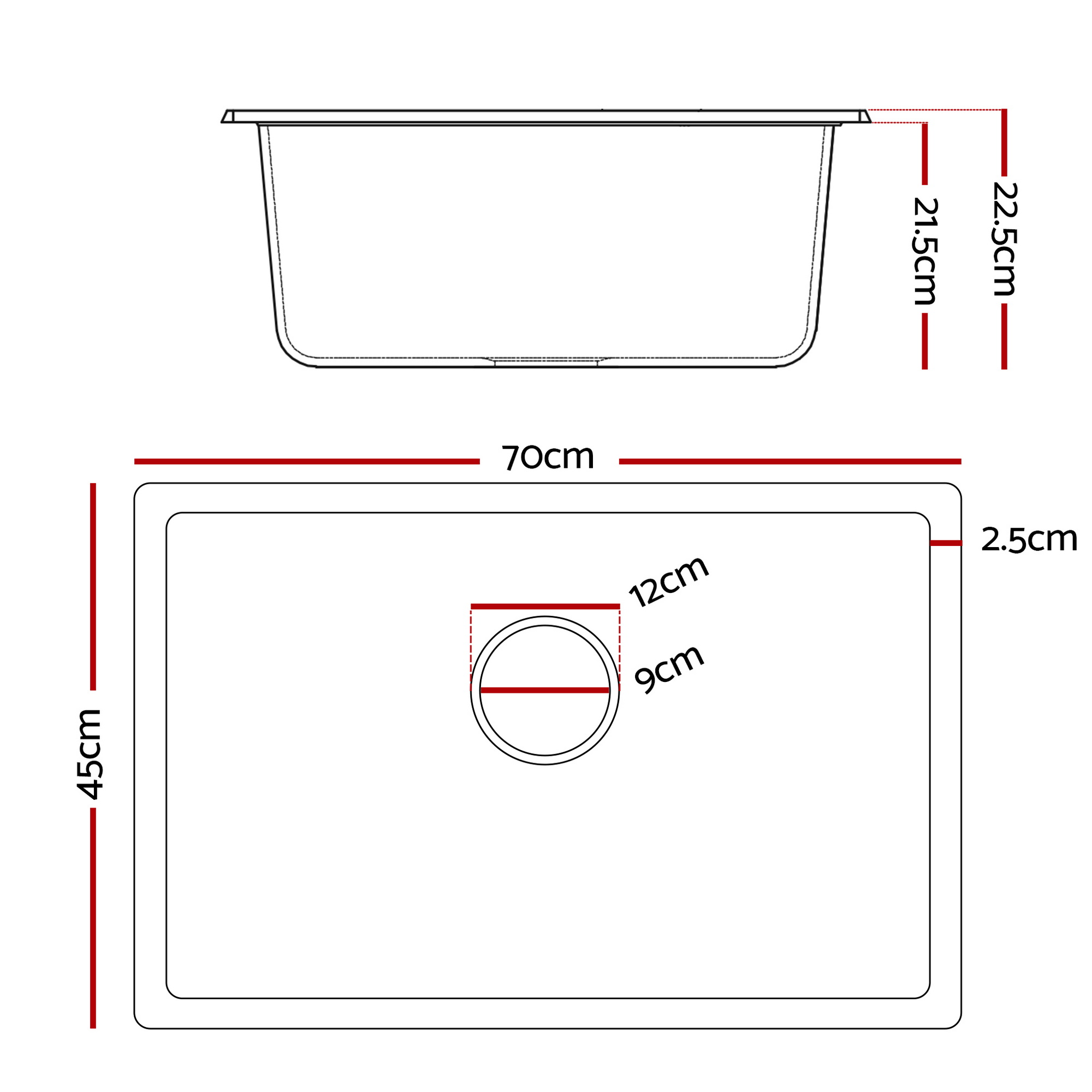 Cefito Kitchen Sink 70x45cm Granite Stone Sink Single Bowl Black — image 2