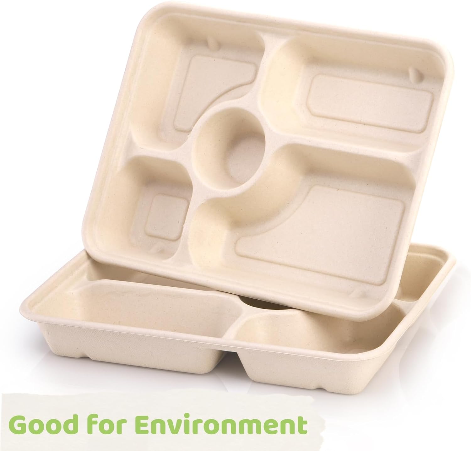 50 Pack 5 Compartment Disposable Paper Plates, 11" x 8" Compostable Bagasse School Lunch Tray, Heavy-Duty Sectional Sugarcane Plate, Divided Platter Tray for — image 4