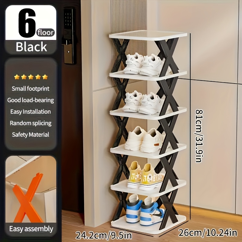6-Tier Foldable White/BLACK Shoe Rack, space-saving vertical design for entry halls, living rooms, bedrooms, closets, balconies—an essential organizing storage