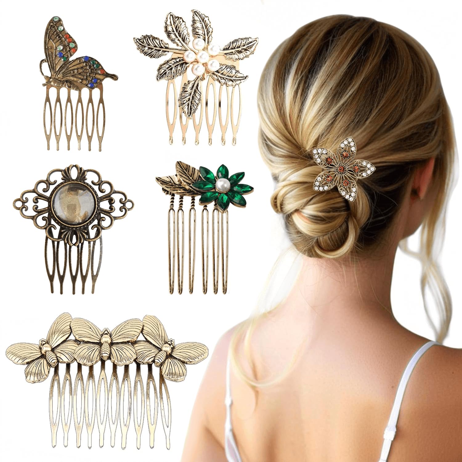 6 Pack Vintage gold Hair Side Combs for Women Decorative,Butterfly Flower Leaf Pearl Rhinestone Metal Hair Comb Tooth Clip with Teeth Grip Crystal Bridal Hair