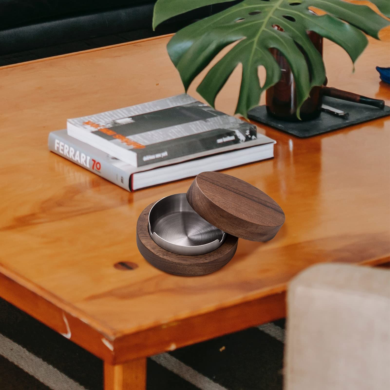 Walnut Wood Ashtrays with Lid - Covered Windproof Ashtray with Stainless Steel Liner | Indoor Outdoor Ash Tray for Home Patio โ image 3