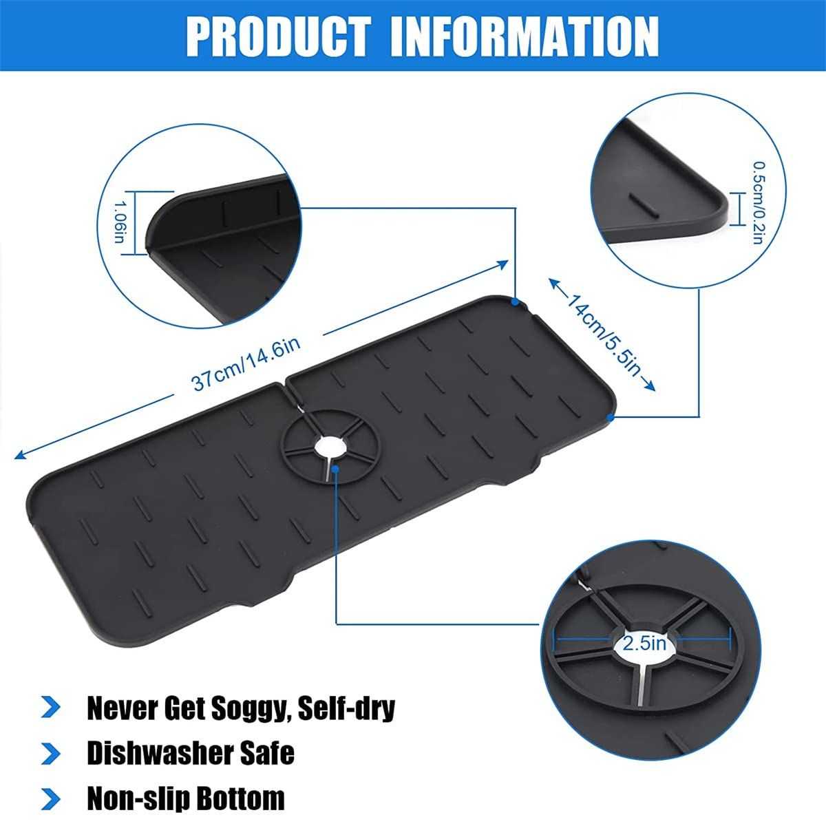 Kitchen Faucet Sink Splash Guard, Silicone Faucet Water Catcher Mat โ Sink Draining Pad Behind Faucet, (Black) โ image 5