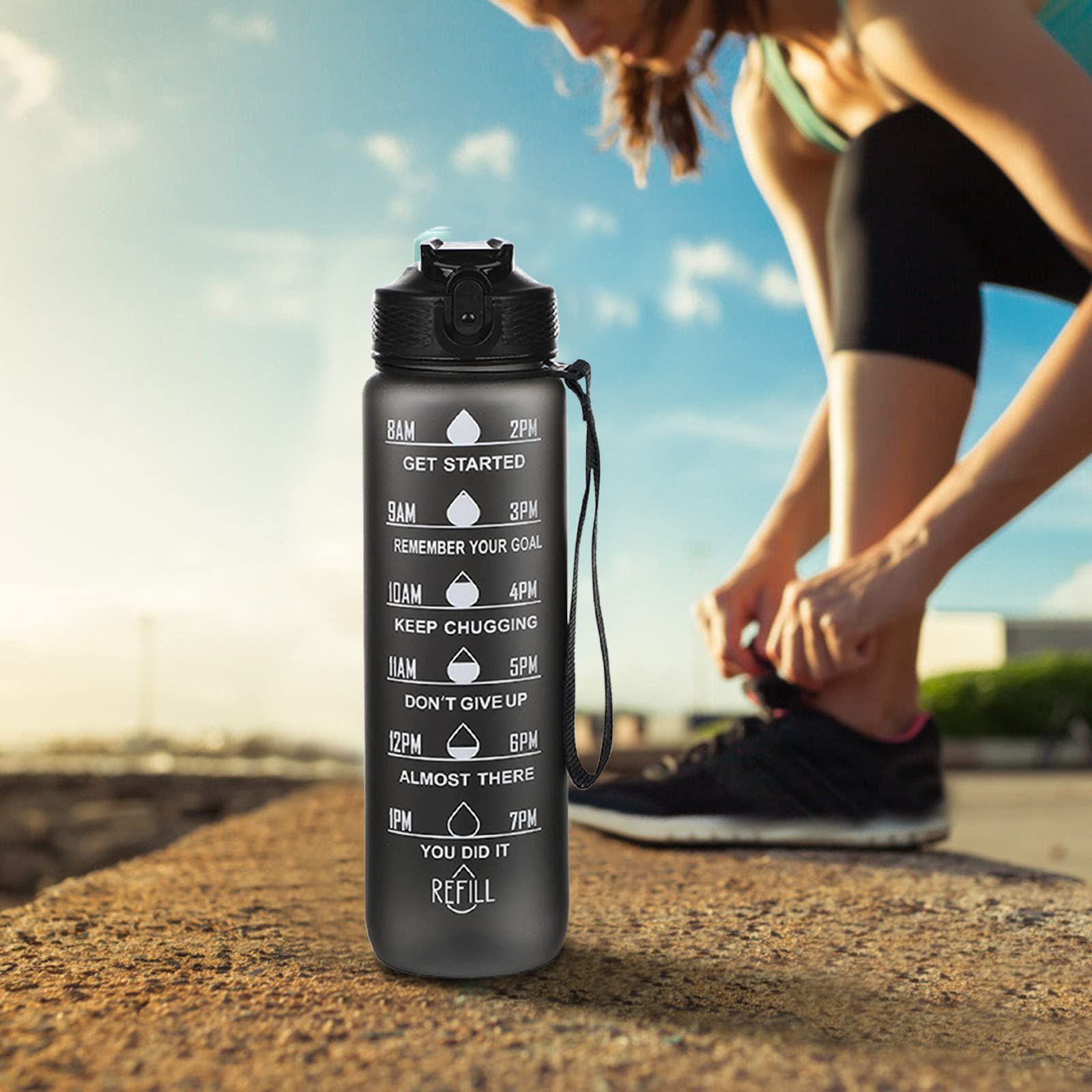 32oz Leakproof Motivational Sports Water Bottle with Straw & Time Marker, Flip Top Durable, Non-Toxic Frosted Bottle (black) — image 2