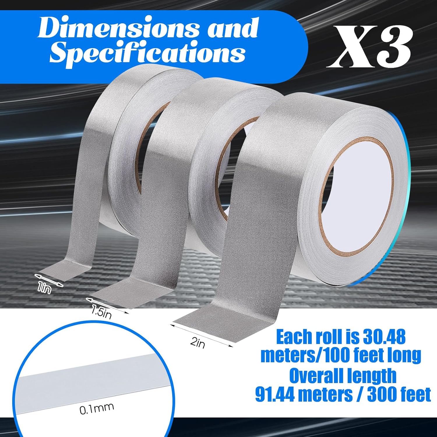 3 Roll Double Conductive Fabric Tape Cloth Adhesive Roll(1in x 100ft, 1.5in 2in 100ft) 1in 100ft โ image 2