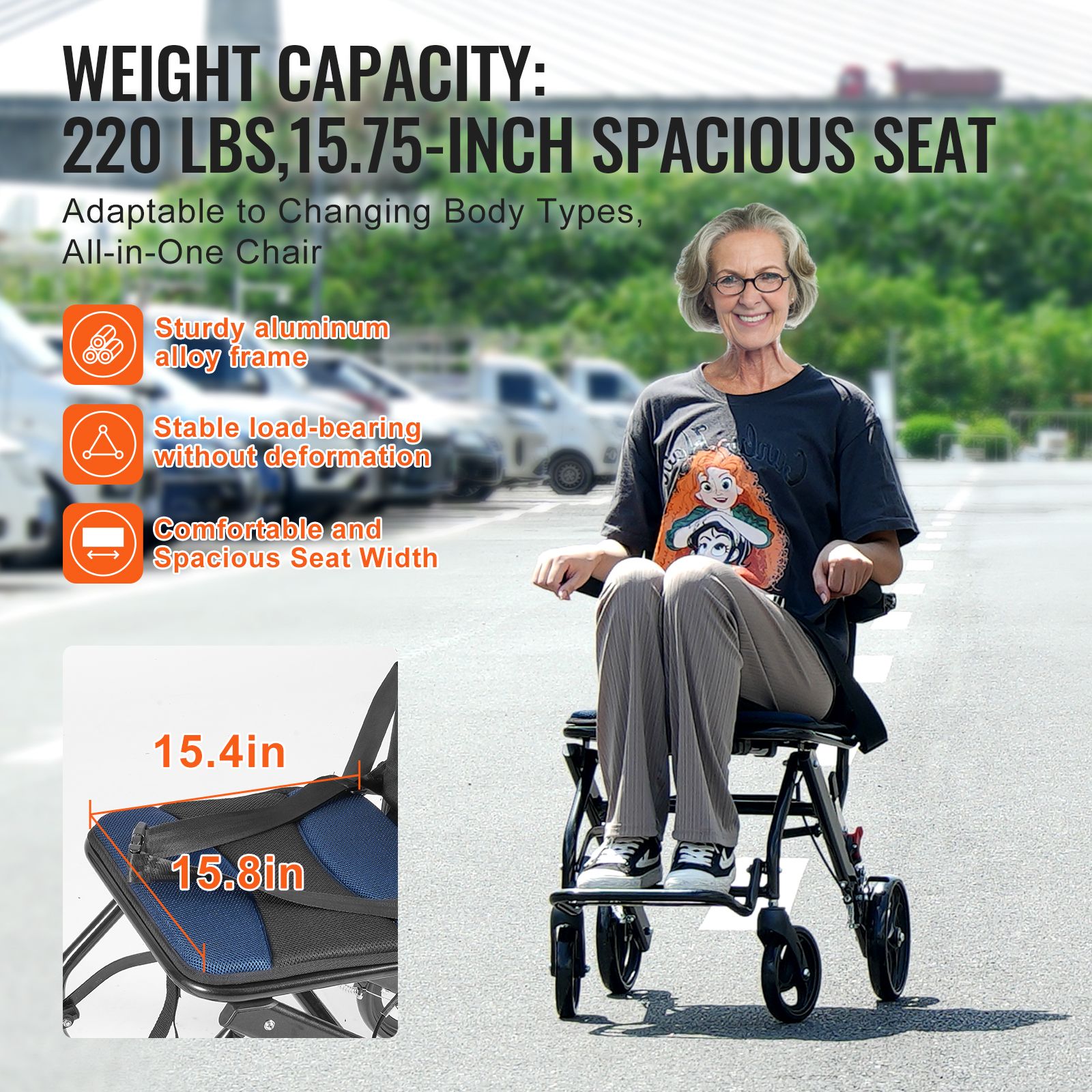 Wheelchair, Aluminum Alloy Ultra-Lightweight Transport Chair for Adults, Foldable Cabin Wheelchair with Flip-Back Desk-Length Arms, Self-locking Brake — image 5
