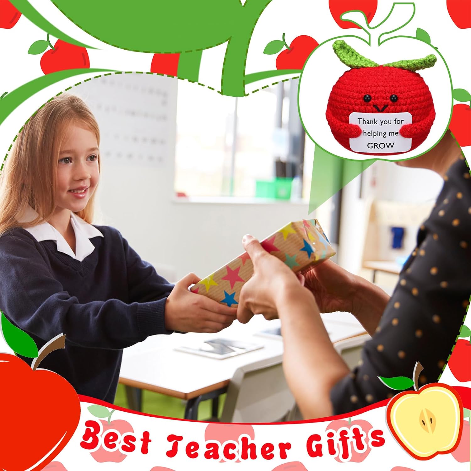 3 Pcs Teacher Appreciation Gifts Easter Gift Positive Flower Handmade Crochet Doll Thank You for Helping Me Grow Teachers Week(Apple) โ image 5
