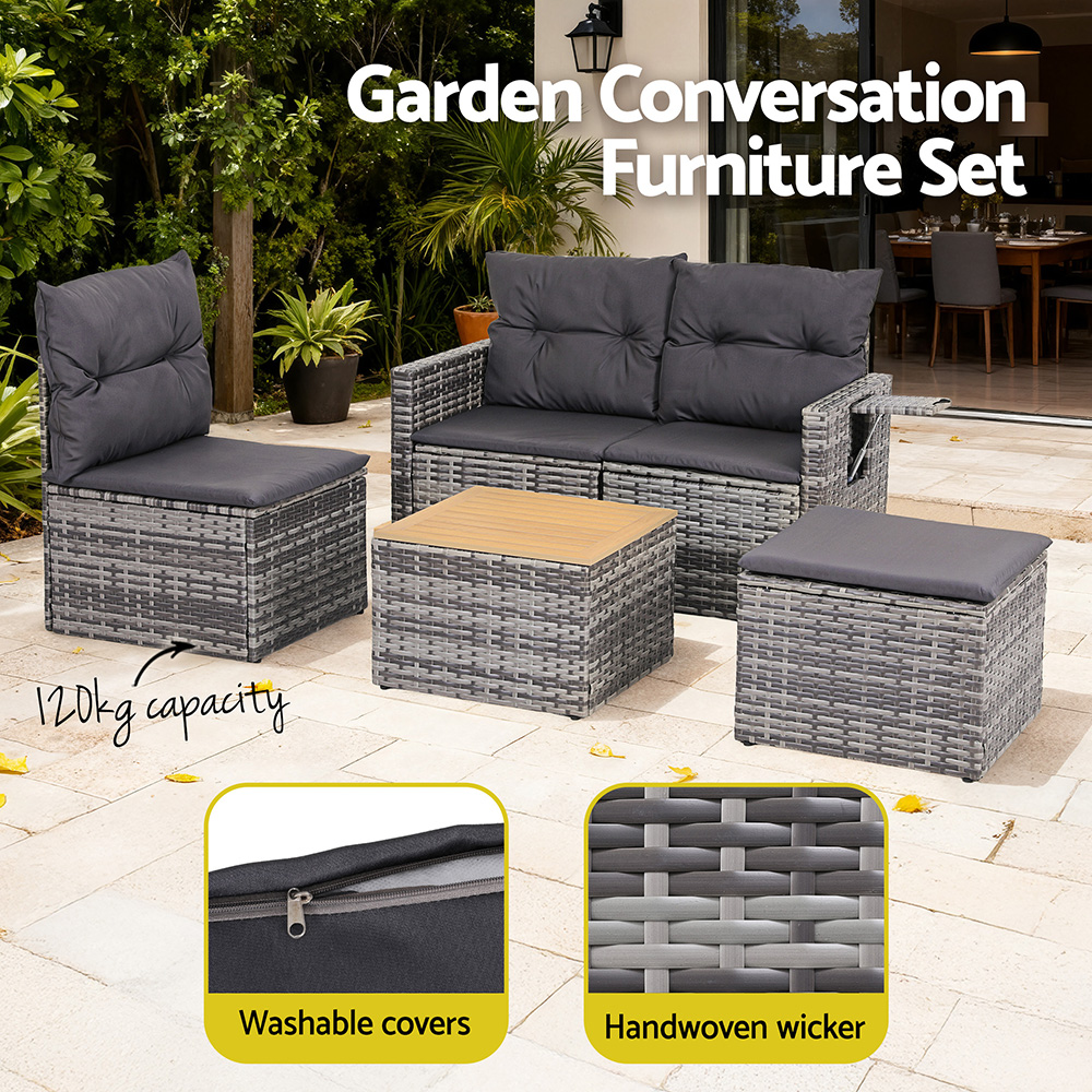 Gardeon 5 Pieces Outdoor Sofa Set 4-Seater Grey Rattan Patio Furniture Table and Chair Setting — image 5