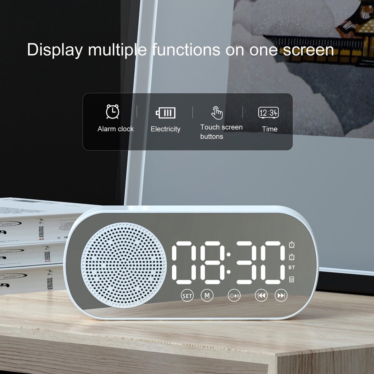 Bluetooth speaker alarm clock - with LED mirror display, radio, weather forecast - two high-volume alarms - suitable for deep sleepers - white — image 4