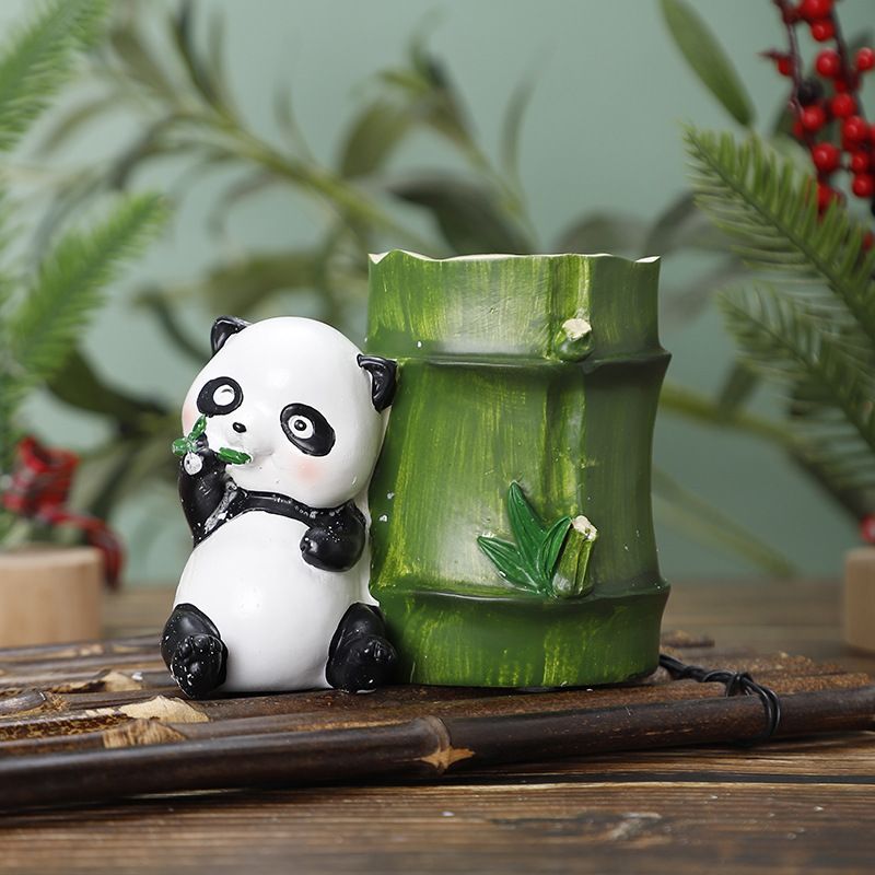 Cute Resin Pen Holder with Panda Sculpture Bamboo Shaped Pen Stand Pencil Organizer Pen Container Pencil Cup Home Desktop Pen — image 2