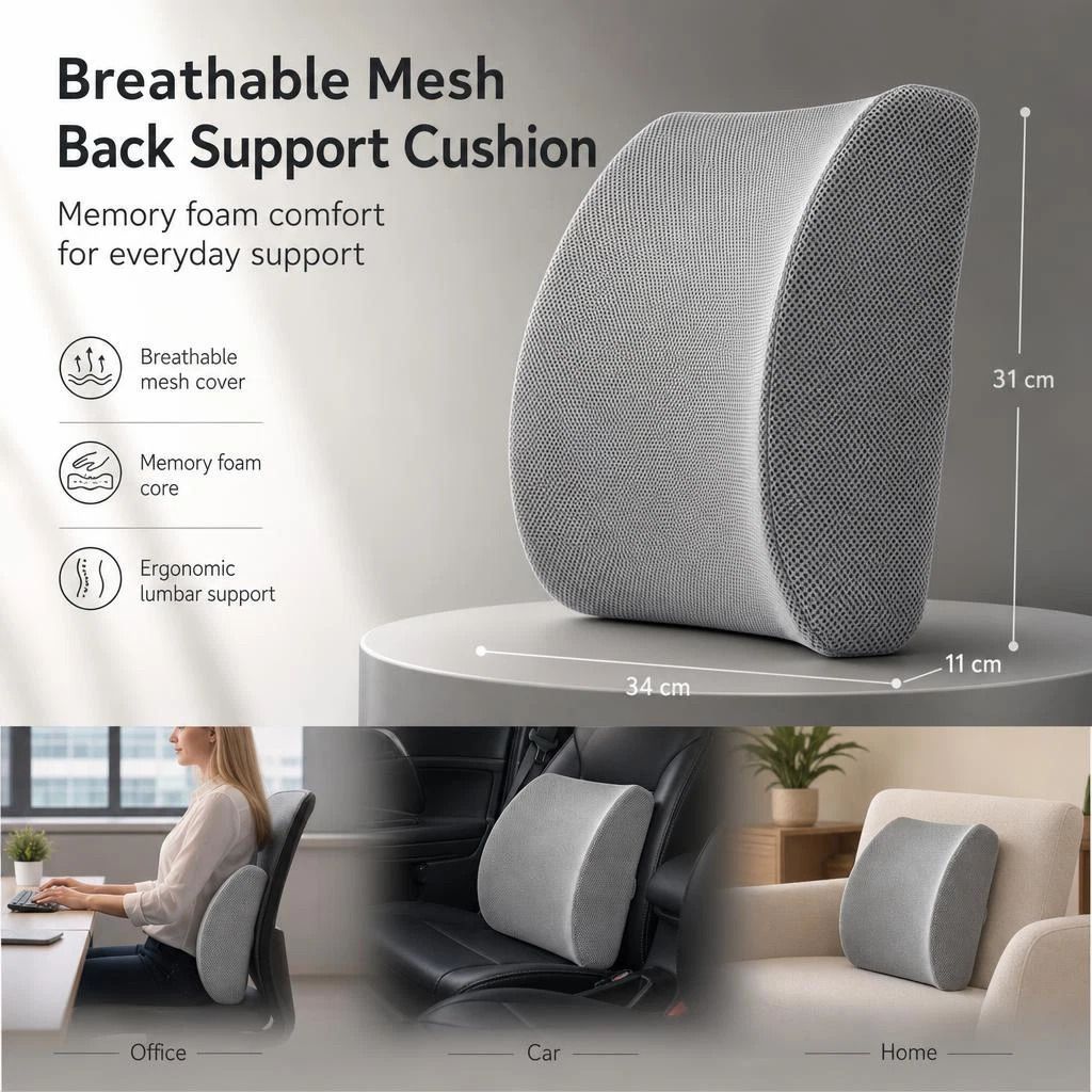 Slow Rebound Waist Cushion 45 × 36 × 7, Breathable Mesh Grey, Support Car Lower Back