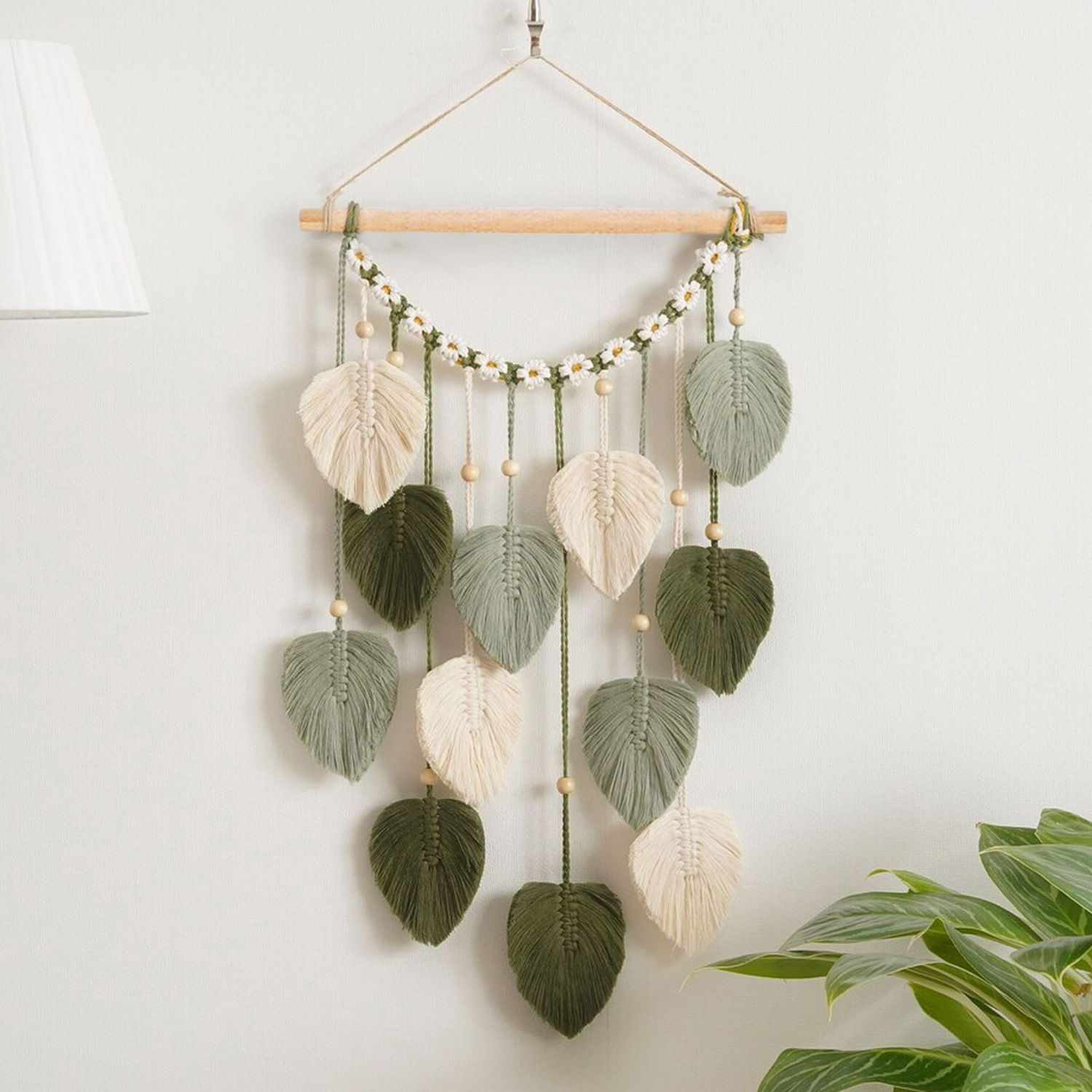 Wall Hanging - Hand Woven Boho Tapestry Sage Green Leaves Wall Decor, Rustic Tassels Yarn Hanging Ornament Decor for Bedroom Living Room Dorm（Green） — image 3