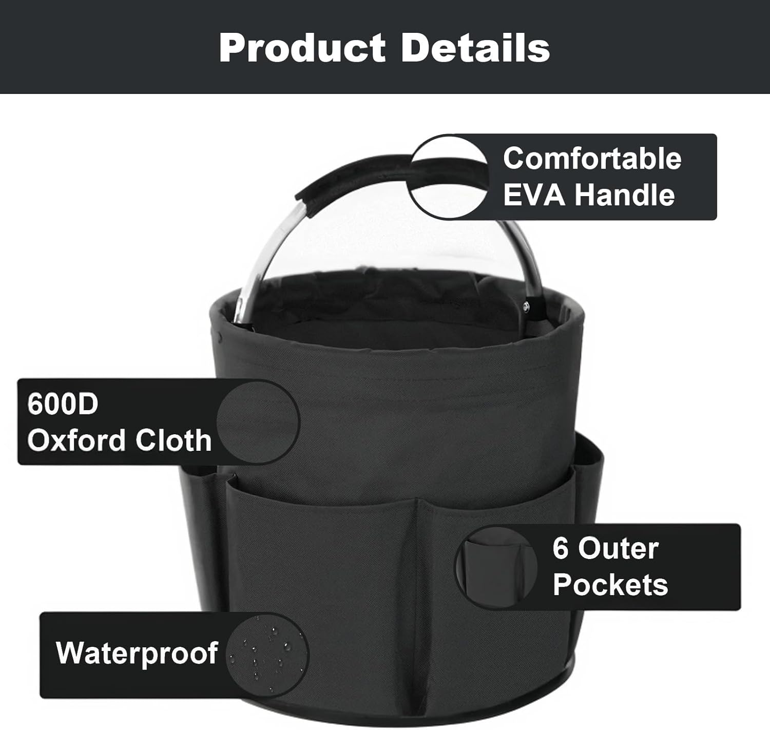 Black Foldable Cleaning Caddy with 6 Outer Pockets: 17L Collapsible Storage Basket for Household, Bathroom, Picnic & Beach – Durable Oxford Cloth Organizer — image 5